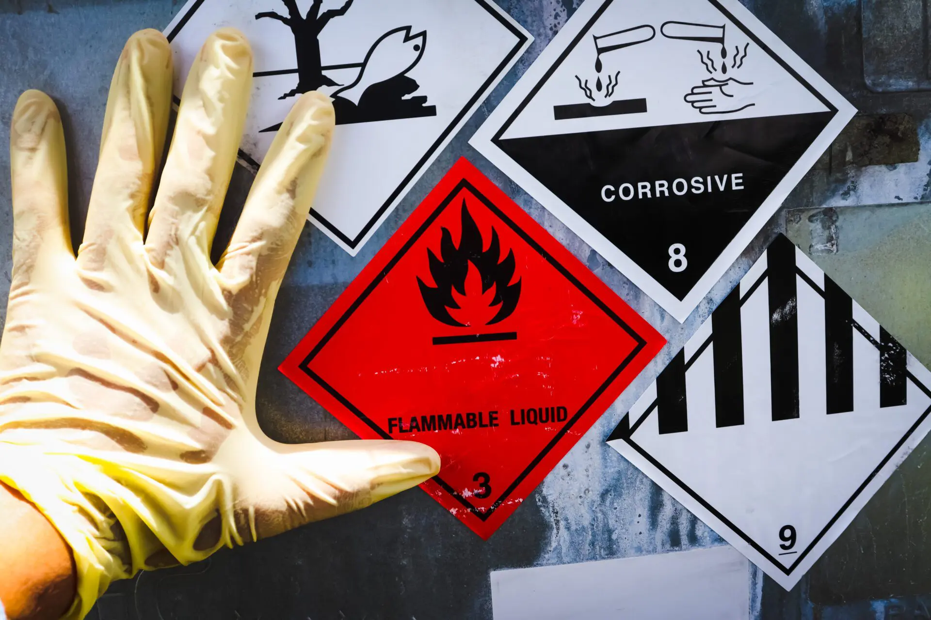 Image of a hand pointing to a flamable liquid sign