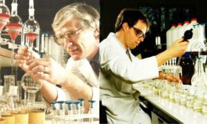 Nic Coombe and Neal Rawle working in the lab in 1991